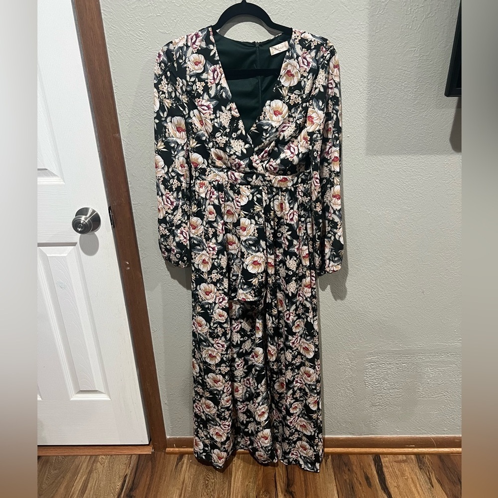 Altar'd State Floral Long Sleeve High Low Romper in Deep Green and Flowers Chic